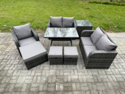 Fimous 8 Seater Outdoor Garden Dining Sets Rattan Furniture With Armchairs Love Sofa 3 Footstools Side Table Dark Grey Mixed - thumbnail 1