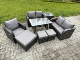 Fimous 8 Seater Outdoor Garden Dining Sets Rattan Furniture With Armchairs Love Sofa 3 Footstools Side Table Dark Grey Mixed - thumbnail 2