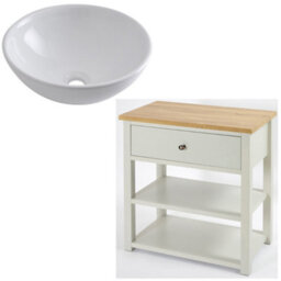 Homestylestore 840mm Antique White And Oak Bathroom Vanity Unit With Round Countertop Basin And Bronze Round Handle - thumbnail 1