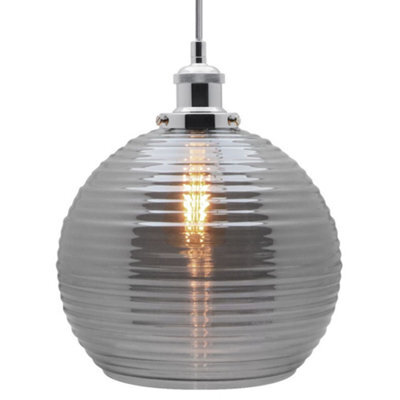 Long Life Lamps Company Modern Vintage Smoked Grey Ribbed Glass Globe Ceiling Pendant Lamp Shade K409 - image 1