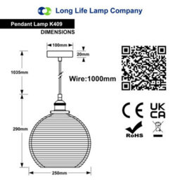 Long Life Lamps Company Modern Vintage Smoked Grey Ribbed Glass Globe Ceiling Pendant Lamp Shade K409 - thumbnail 2
