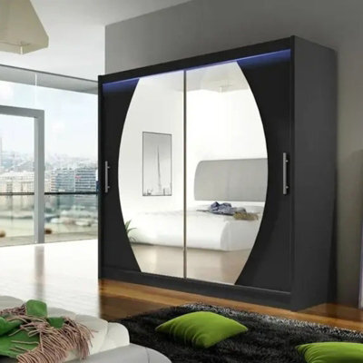 Bega Iv 180 Wardrobe 180 Cm Sliding Doors With Mirror Hanging Rail  Shelves Modern Bedroom Storage Black Led - image 1