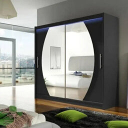 Bega Iv 180 Wardrobe 180 Cm Sliding Doors With Mirror Hanging Rail  Shelves Modern Bedroom Storage Black Led - thumbnail 1
