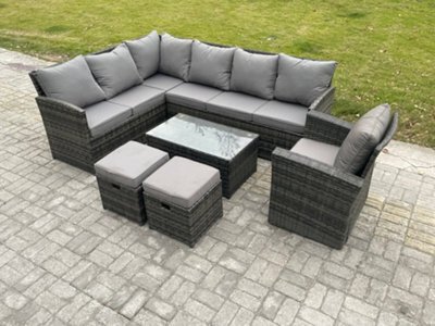 Fimous Rattan Lounge Corner Sofa Set Wicker Pe Outdoor Garden Furniture Set With Rectangular Coffee Table 2 Small Footstools - image 1