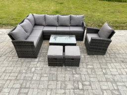 Fimous Rattan Lounge Corner Sofa Set Wicker Pe Outdoor Garden Furniture Set With Rectangular Coffee Table 2 Small Footstools - thumbnail 2