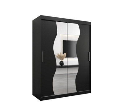 Arte Madrid Contemporary 2 Mirrored Sliding Door Wardrobe 5 Shelves 2 Rails Black Matt (H)2000mm (W)1500mm (D)620mm - image 1