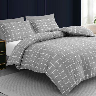 Lazzaro Checkered Grey Double Duvet Cover Set Luxury Microfiber Quilt Cover Soft Easy Care With Zipper Closure - image 1