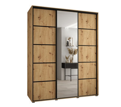 Arte Rustic Oak Artisan Mirrored Cannes V Sliding Wardrobe H2050mm W1900mm D600mm With Custom Black Steel Handles - image 1