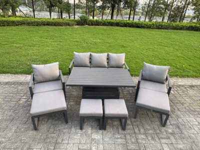 Fimous Aluminium Garden Furniture Sets 9 Seater With Adjustable Rising Lifting Dining Table 2 Chairs 4 Footstools - image 1