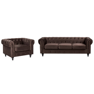 Beliani Living Room Set 4 Seater Chesterfield Velvet Dark Brown - image 1