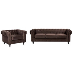 Beliani Living Room Set 4 Seater Chesterfield Velvet Dark Brown - thumbnail 1