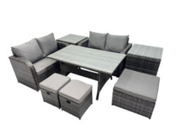 Fimous Wicker Pe Rattan Garden Outdoor Furniture Set Love Sofa Dining Table Sets With 3 Stools 2 Side Tables Dark Grey Mixed - thumbnail 2