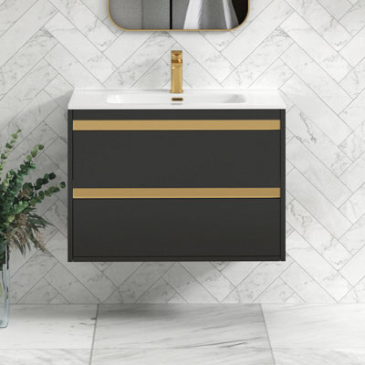 Royal Bathrooms Orion 800mm Matt Obsidian Black 2 Drawer Wall Hung Vanity Unit With Ceramic Basin & Brushed Brass Strip - image 1