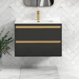 Royal Bathrooms Orion 800mm Matt Obsidian Black 2 Drawer Wall Hung Vanity Unit With Ceramic Basin & Brushed Brass Strip - thumbnail 2