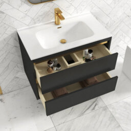 Royal Bathrooms Orion 800mm Matt Obsidian Black 2 Drawer Wall Hung Vanity Unit With Ceramic Basin & Brushed Brass Strip - thumbnail 4
