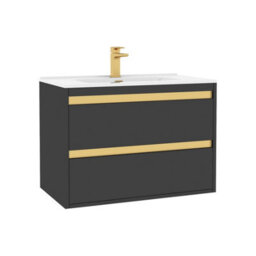 Royal Bathrooms Orion 800mm Matt Obsidian Black 2 Drawer Wall Hung Vanity Unit With Ceramic Basin & Brushed Brass Strip - thumbnail 6