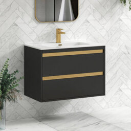 Royal Bathrooms Orion 800mm Matt Obsidian Black 2 Drawer Wall Hung Vanity Unit With Ceramic Basin & Brushed Brass Strip - thumbnail 5
