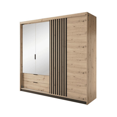 Arte Tally Contemporary 4 Mirrored Hinged Door Wardrobe 4 Shelves 2 Drawers 2 Rails Artisan Oak Effect (H)2110mm (W)2200mm (D)600mm - image 1