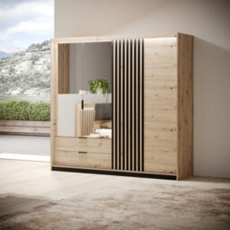 Arte Tally Contemporary 4 Mirrored Hinged Door Wardrobe 4 Shelves 2 Drawers 2 Rails Artisan Oak Effect (H)2110mm (W)2200mm (D)600mm - thumbnail 5