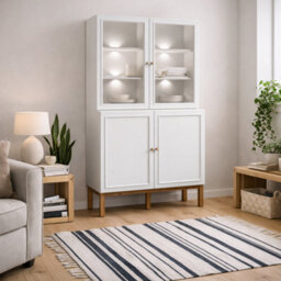 Wyld Haus Niva Display Cabinet In Light Grey And Natural Oak Effect With Led Lighting, 4 Doors - thumbnail 1