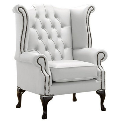 Chesterfield High Back Wing Chair Shelly Winter White Leather Bespoke In Queen Anne Style - image 1