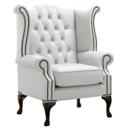 Chesterfield High Back Wing Chair Shelly Winter White Leather Bespoke In Queen Anne Style