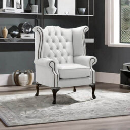 Chesterfield High Back Wing Chair Shelly Winter White Leather Bespoke In Queen Anne Style - thumbnail 3