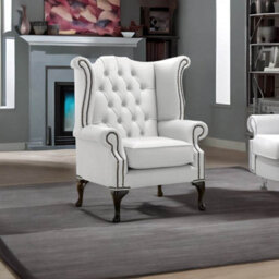 Chesterfield High Back Wing Chair Shelly Winter White Leather Bespoke In Queen Anne Style - thumbnail 2