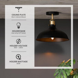 Pack Of 2  Vintage Semi Flush Mount Ceiling Light With E27 Base 36Cm Black Metal Shade For Kitchen, Living Room With Bulb - thumbnail 5