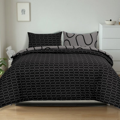 Aspire Homeware Printed Microfiber Duvet Cover Set, Black & Grey Wave Reversible, Single, (L)200Cm X (W)135Cm - image 1