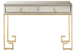 Orsina Luxurious Gold Finish Console Table With Two Drawers, Antique Glass Console Table, Spacious Decorative Table