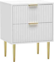 Hygrad Built to Survive White Wooden 2 Drawer Chic Fluted Bedside End Sofa Table Nightstand For Living Bedroom Home With 4 Golden Legs - thumbnail 7