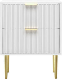 Hygrad Built to Survive White Wooden 2 Drawer Chic Fluted Bedside End Sofa Table Nightstand For Living Bedroom Home With 4 Golden Legs - thumbnail 6