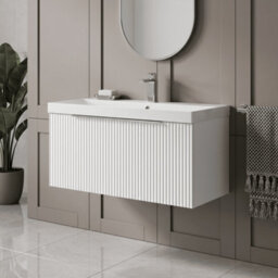 Balterley Tixall Fluted 1 Drawer Wall Hung Vanity Unit With Thin Edge Basin, Satin White, 800mm - thumbnail 2
