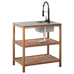 Beliani Outdoor Kitchen Island With Sink Brucoli Acacia Wood Brown/ Black - thumbnail 6