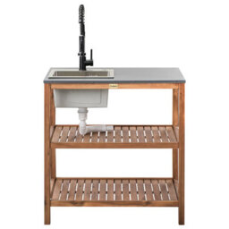 Beliani Outdoor Kitchen Island With Sink Brucoli Acacia Wood Brown/ Black - thumbnail 5