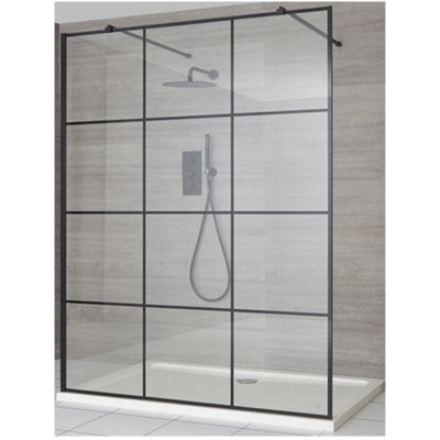 Homestylestore Black Grid Floating Glass Walk In Wet Room Shower Enclosure With White Tray 1400 X 800mm - image 1
