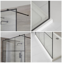 Homestylestore Black Grid Floating Glass Walk In Wet Room Shower Enclosure With White Tray 1400 X 800mm - thumbnail 2