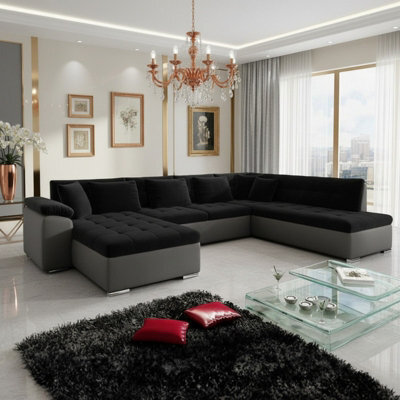 Niko Bis Fold Out U Shape Corner Sofa Chipboard Frame With Storage Bed 350X205X76 Cm Black And Grey Left - image 1
