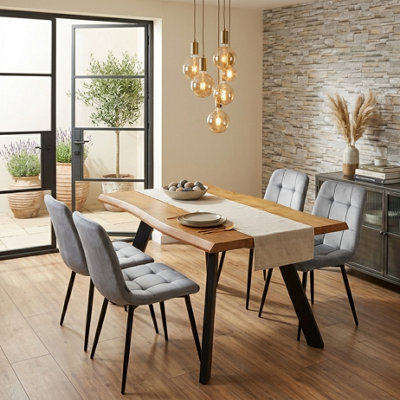 Doubs Dining Set With 4 Chairs 120Cm Natural Wood Dining Table Set With 4 Grey Velvet Chairs - image 1