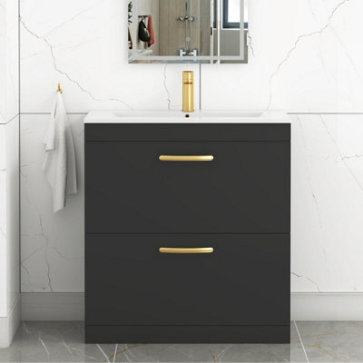 Royal Bathrooms Turin 800mm Floor Standing Vanity Unit Matt Black 2 Drawer Minimalist Basin With Brushed Brass Handles - image 1