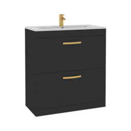 Royal Bathrooms Turin 800mm Floor Standing Vanity Unit Matt Black 2 Drawer Minimalist Basin With Brushed Brass Handles - thumbnail 6