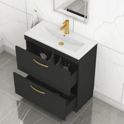Royal Bathrooms Turin 800mm Floor Standing Vanity Unit Matt Black 2 Drawer Minimalist Basin With Brushed Brass Handles - thumbnail 5