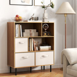 Costway 6-Cube Bookshelf 3-Tier Bookcase With 3 Removable Folding Fabric Drawers-Natural