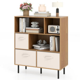 Costway 6-Cube Bookshelf 3-Tier Bookcase With 3 Removable Folding Fabric Drawers-Natural - thumbnail 2