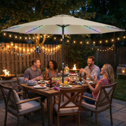 Outsunny 3 M Garden Parasol Umbrella With Led Lights, Patio Umbrella Beige - thumbnail 1