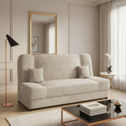 Jonas Living Room Sofa Bed With Click Clack Sleeping Surface Storage Container Wooden Frame Cream - thumbnail 1
