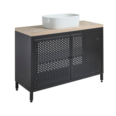 Homestylestore 1200mm Black Metal Floorstanding Bathroom Vanity Unit Light Oak Countertop And Oval Basin - image 1