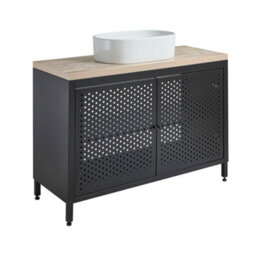 Homestylestore 1200mm Black Metal Floorstanding Bathroom Vanity Unit Light Oak Countertop And Oval Basin - thumbnail 1