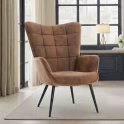 Accent Wingback Chair In Brown Faux Leather Suede